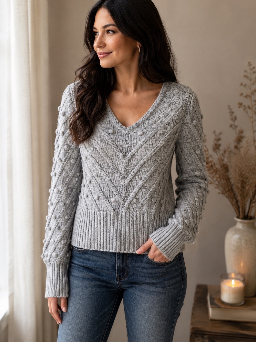 WHBM Gray Bobble Knit V-Neck Sweater XS